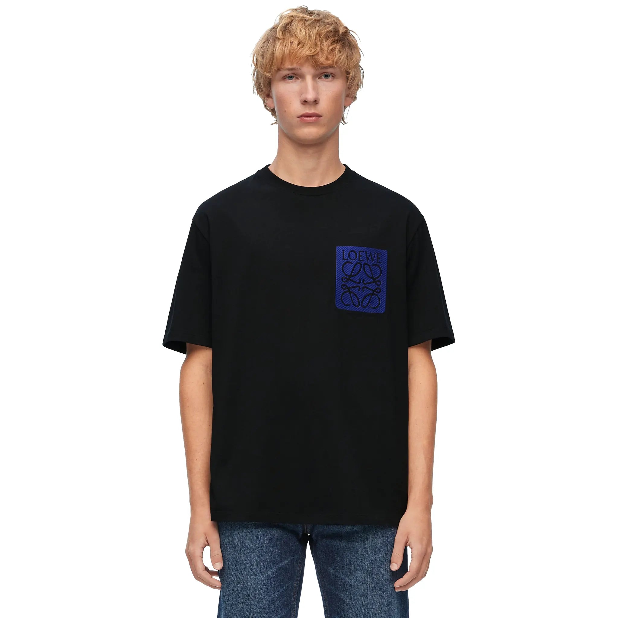 Model front view of Loewe Anagram Fake Pocket Black Blue T Shirt H526Y22XAT-1100